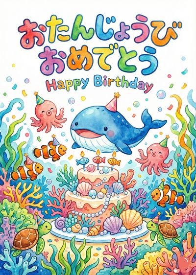 水彩画スタイル。カラフルな水彩の«おたんじょうび　おめでとう　Happy Birthday»の文字。誕生日ケーキを囲むクジラ、タコ、クマノミ、カメは、パーティーハットをかぶっている。ケーキには、ろうそくの代わりに魚のキャンドルが付いている。貝殻とサンゴ礁も描かれている。