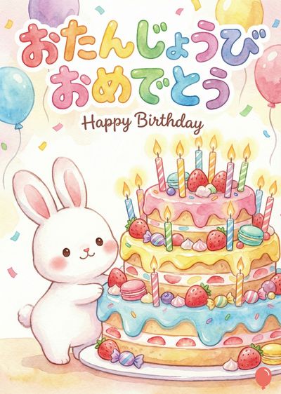 水彩画風の誕生日の挨拶状。上部には虹色の色で«おたんじょうび　おめでとう　Happy Birthday»と書かれている。ピンクの頬をした白いウサギが、3段重ねのカラフルなケーキの横に立っている。ケーキにはイチゴ、マカロン、ろうそくが飾られている。風船と紙吹雪が周りを舞う。