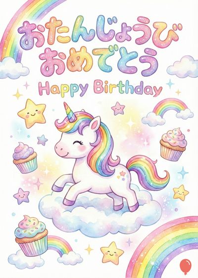 虹色のたてがみと尾を持つユニコーンが雲の上に立っている。星の形とカップケーキ、虹と«Happy Birthday»の文字と、日本語の誕生日お祝いの文字が描かれた、パステルカラーの水彩画風の表現。