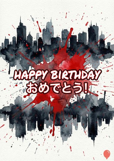 水彩画風のバースデーカード。黒のシルエットで描写された都市のスカイライン。赤色の飛沫が中心にあり、«HAPPY BIRTHDAY»と «おめでとう！» の文字が白い枠付きで表示されている。灰色の飛沫と白い表面の構成。