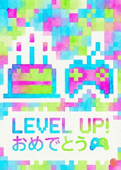 カラフルなドットで装飾された、水彩画スタイルの表現。青、ピンク、緑、白の色合いのドットが散りばめられ、ゲームのコントローラー、ケーキ、«LEVEL UP！おめでとう»などのグラフィック要素を形成している。