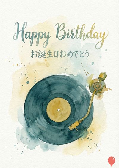 水彩の誕生日カード。中央にレコード盤が描かれており、«Happy Birthday»と日本語のメッセージが上部に、レコード盤の上にトーンアームが配置されている。水彩のインクの飛沫がカードを装飾し、色合いは主に青、黄色、水色である。