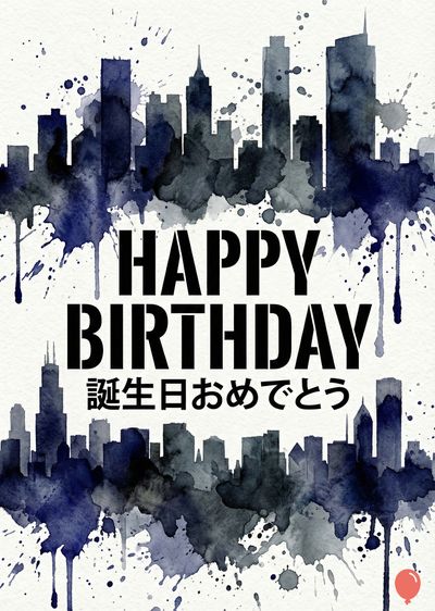 都市のスカイラインシルエットは、上部と下部に配置されています。水彩絵の具の飛沫が都市のシルエットを取り囲んでいます。中心には「HAPPY」「BIRTHDAY」「誕生日おめでとう」の語句が黒い太字で書かれています。右下隅に赤い小さな風船が描かれています。