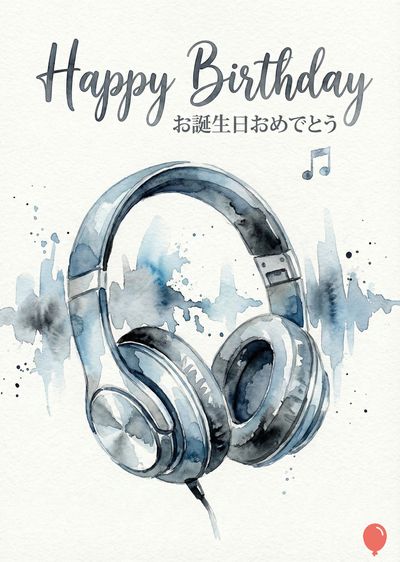 水彩で描かれた誕生日のカード。 ヘッドホンが中央に描かれており、水色と黒色のインクで描かれた音波のマークがある。カードの上部には、「Happy Birthday」と日本語で「お誕生日おめでとう」の文字が描かれ、音符が描かれている。 白い紙に描かれた、赤色の小さな風船のデザイン。