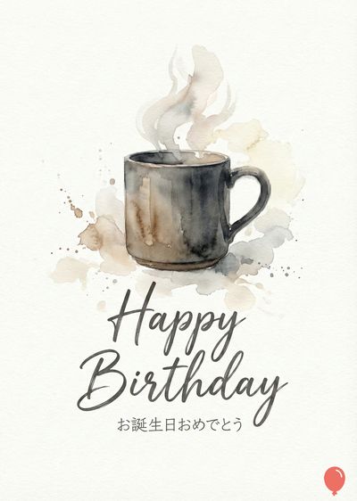 水彩風の、お誕生日お祝いのデコレーション。マグカップから湯気が立ち上り、水彩絵の具の飛沫が散る。カップの下に、手書き風のカリグラフィーで «Happy Birthday» と «お誕生日おめでとう» と記載。右下には赤色の風船が描かれている。