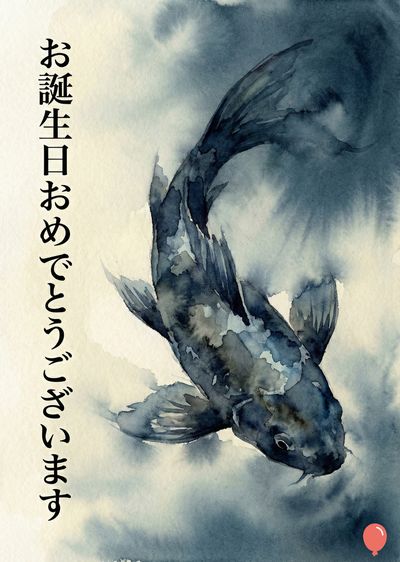 水彩画スタイルで描かれた、黒と青の鯉。鯉は斜め下に泳いでおり、上部には黒い水彩画の雲が描かれている。左上には漢字で «お誕生日おめでとうございます» と書かれている。右下には赤い風船のアイコンがある。