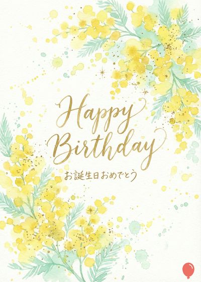 水彩風の装飾が施されたバースデーカード。黄色のミモザの花が右側と左下の部分に描かれ、緑の葉と、水色の水彩模様で飾り付けられている。 真ん中には、筆記体で «Happy Birthday» と日本語で «お誕生日おめでとう» と書かれており、右下に赤い風船が描かれている。