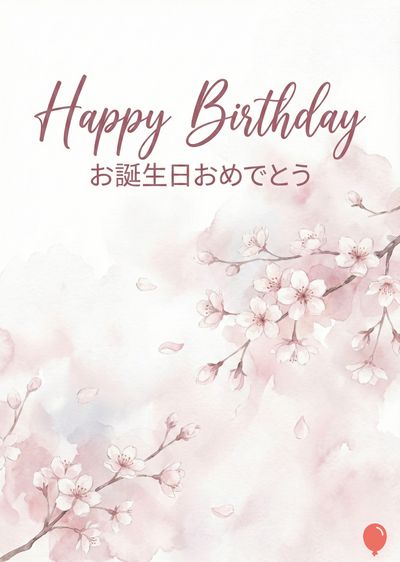 ピンク色と白色を基調としたお祝いの葉書。上部に «Happy Birthday» と日本語で «お誕生日おめでとう» の文字。花の枝が描かれており、花びらが散っている。右下には赤い風船。全体的に水彩画風のスタイル。