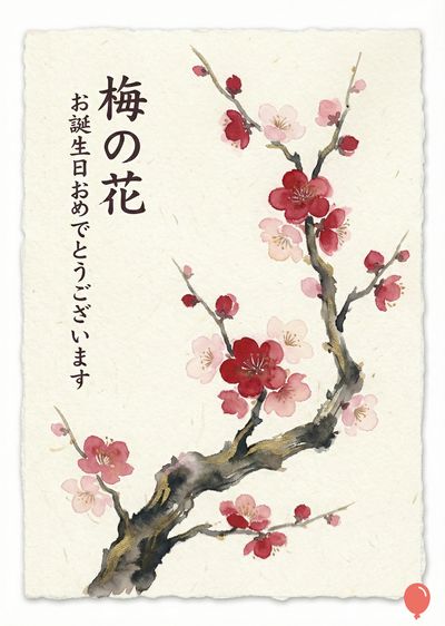 書道風の文字で装飾された梅の花を描いた水彩。茶色い幹に、赤い花と薄いピンク色の花が咲いている。右下に赤い風船がある。左側には縦書きで«梅の花 お誕生日おめでとうございます»と書かれている。紙の周りの縁は、破れたように見える。