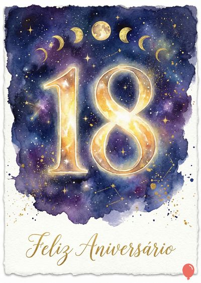 Cumprimento em aquarela com constelação e número «18» dourado em destaque. Fases da lua orbitando. Abaixo, frase caligráfica dourada «Feliz Aniversário».
