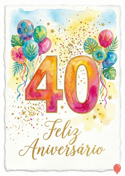Cartão de aquarela com o número «40», balões, confetes dourados, e as frases «Feliz Aniversário». Cores vibrantes em tons de rosa, laranja, azul e amarelo.