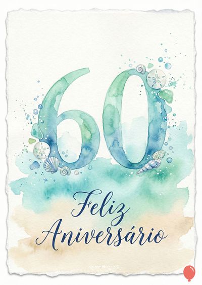 Cartão de aniversário em aquarela. O número «60», em tons de verde e azul, sobre fundo com conchas e respingos. Abaixo, frase «Feliz Aniversário» em azul.