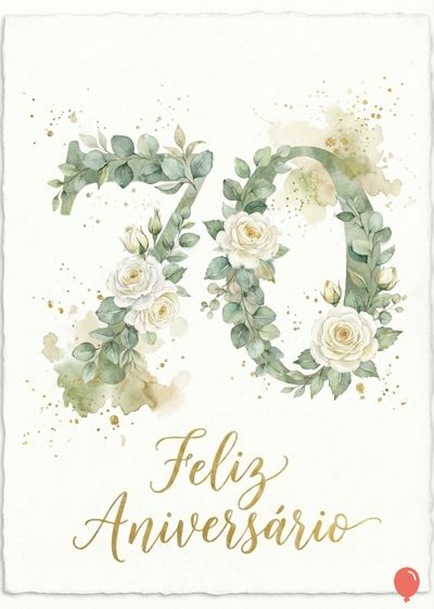 Cartão com o número «70» em verde e branco formado por folhas e rosas brancas. Abaixo, caligrafia dourada com «Feliz Aniversário».