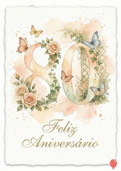 Cartão aquarelado com o número «80» decorado com flores e folhas verdes, borboletas. A frase em dourado «Feliz Aniversário» é também visível.