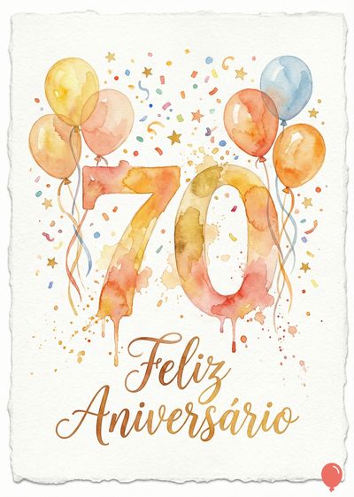 Cartão de aniversário em aquarela. Balões coloridos, confetes e estrelas em tons de laranja, rosa e azul, emolduram o número «70». Letreiro dourado «Feliz Aniversário».