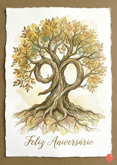 Aquarela de árvore estilizada com tronco em formato de « 90 », folhas em tons de ocre e raízes expostas. Abaixo, frase « Feliz Aniversário » em tom dourado. Fundo em papel.