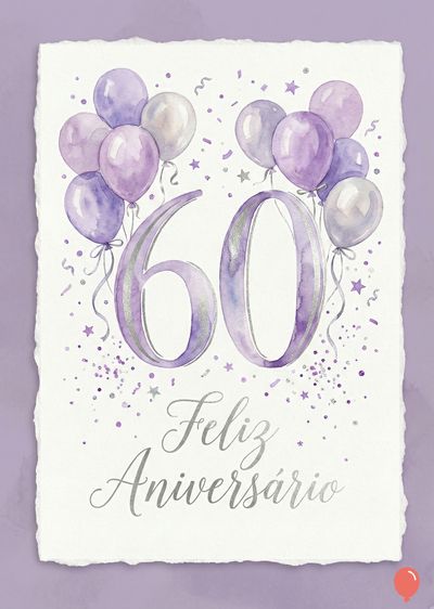 Cartão para comemorar 60 anos, com balões roxos e cinza. O número «60» está em estilo aquarela e a frase «Feliz Aniversário» em cinza claro. Fundo lilás claro.