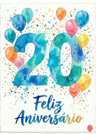 Composição aquarelada com o número «20» em azul e balões coloridos. Confetes e a frase «Feliz Aniversário» em azul e dourado sobre um papel branco.