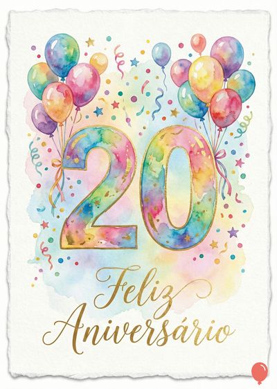 Cartão de aniversário em aquarela com balões coloridos e confetes. O número «20» em arco-íris e a frase «Feliz Aniversário» em dourado. Fundo branco com bordas irregulares.