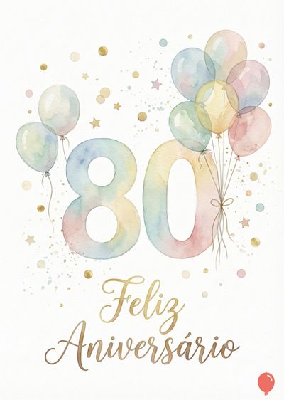 Cartão de 80 anos com balões e confetes. Os algarismos « 80 » são coloridos em aquarela. Acima, balões em tons pastel. Abaixo, frase caligráfica dourada « Feliz Aniversário ».