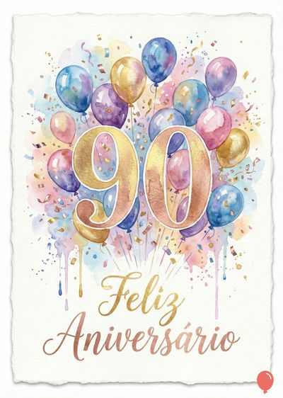Cartão de feliz aniversário em aquarela. Balões coloridos, confetes e número «90» dourado, sobreposto a frase «Feliz Aniversário» em dourado e rosa.