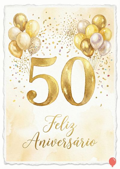 Cartão de aniversário com aquarela. Balões dourados e confetes circundam o número dourado «50». Caligrafia dourada abaixo diz «Feliz Aniversário» em fonte cursiva. Borda branca irregular.
