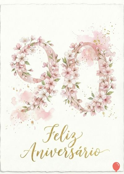 Cartão com número «90» e flores lilás. Abaixo, caligrafia dourada com «Feliz Aniversário». No canto inferior direito, um balão vermelho.