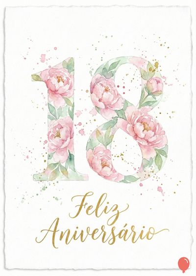 Um cartão com o número «18» decorado com flores rosas e folhas verdes. Abaixo, a escrita dourada diz «Feliz Aniversário». Salpicos de tinta.