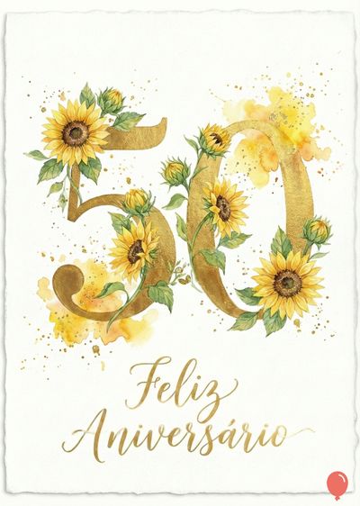Cartão para aniversário de 50 anos com números dourados decorados com girassóis e aquarela amarela. Abaixo, caligrafia dourada com «Feliz Aniversário».