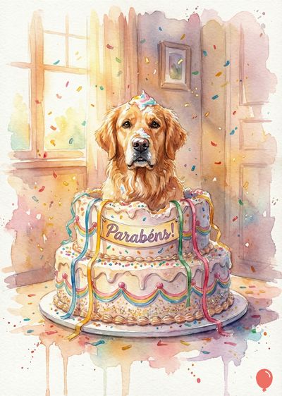 Um Golden Retriever saindo de um bolo de aniversário de dois andares com a escrita « Parabéns! ». A arte em aquarela apresenta confetes e fitas coloridas.