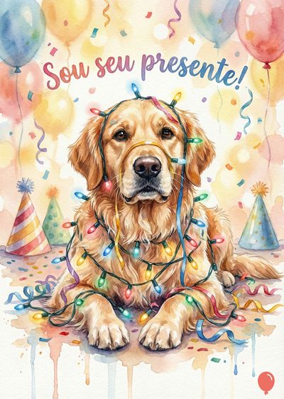 Golden Retriever deitado e enfeitado com luzes coloridas, confetes e balões. A mensagem « «Sou seu presente!» » está escrita no céu. Estilo aquarela.