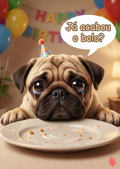 Um pug com chapéu de festa chora sobre um prato vazio. Balões coloridos e decoração «HAPPY BIRTHDAY» ao fundo. Um balão de fala contém a frase «Já acabou o bolo?».