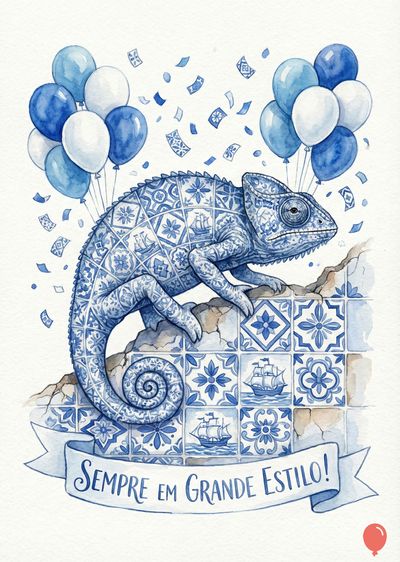 Camaleão azul, com azulejos e balões azuis, em aquarela. O animal está sobre azulejos claros, e uma faixa diz «Sempre em Grande Estilo!». Papel picado também azul.