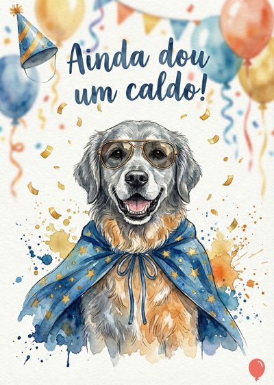 Um cachorro com óculos escuros e capa azul com estrelas. Balões e confetes. A frase «Ainda dou um caldão!» em aquarela. Tons de azul, dourado e laranja.
