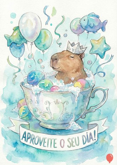 Um capivara marrom com coroa de papel em uma xícara, cercada por bolas coloridas e bolhas de sabão. Balões em forma de peixe e estrela, e um banner com «APROVEITE O SEU DIA!». Paleta em aquarela azul.