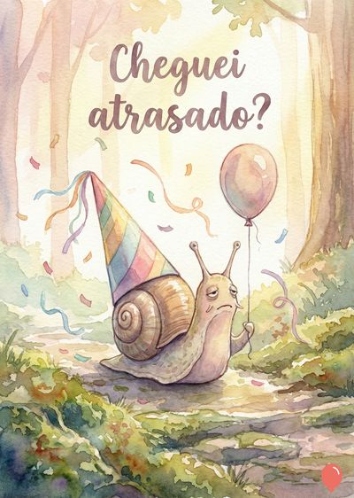 Aquarela de um caracol com um chapéu de festa, balão e confetes. O caracol tem uma expressão triste e está em uma trilha com vegetação. A mensagem diz: «Cheguei atrasado?».