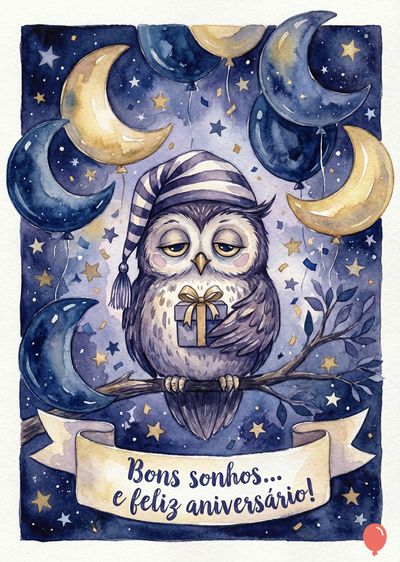 Aquarela de coruja deitada em galho, usando touca de dormir listrada. Balões e luas azuis e douradas no céu noturno. Faixa com frase «Bons sonhos... e feliz aniversário!».