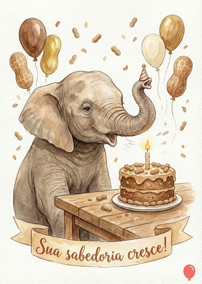 Um elefante cinza com um chapéu de festa sopra uma vela em um bolo. Acima, balões e amendoins flutuam. Uma faixa diz «Sua sabedoria cresce!». Aplicações em aquarela.