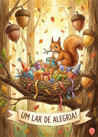 Esquilo ruivo com graveto na boca sentado em ninho com presentes. Balões de bolota e folhas caídas em aquarela. Faixa com escrito « UM LAR DE ALEGRIA! ».