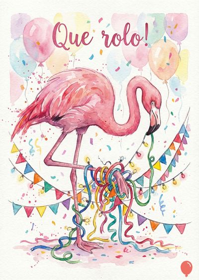 Um flamingo rosa com decoração de festa. Balões coloridos, confetes e bandeirolas decoram o centro. O texto manuscrito diz: «Que rolo!» A aquarela tem estilo suave.