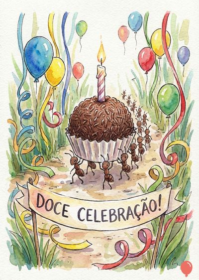 Um doce brigadeiro com vela, transportado por formigas. Balões e fitas coloridas enfeitam a cena. Um banner diz: «Doce Celebração!». Estilo aquarela.