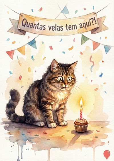 Aquarela de gato marrom e branco surpreso, sentado. Tem um bolinho com vela acesa e uma faixa com « Quantas velas tem aqui?! » Balões e confetes coloridos.