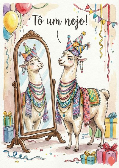 Lhama com chapéu de festa em frente a espelho. Usa joias e cachecol estampado. Balões, presentes e confetes no chão. « Tô um nojo! » no topo. Estilo aquarela.