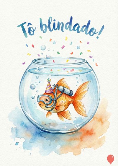 Um peixe dourado com máscara de mergulho e chapéu de festa dentro de um aquário. Estilo aquarela. Bolhas e confetes acompanham a inscrição «Tô blindado!».