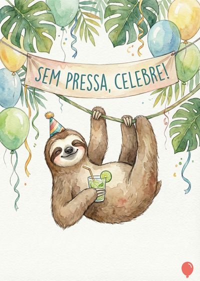 Preguiça pendurada em galho, tomando bebida, usando chapéu de festa.  Balões coloridos e banner com « SEM  PRESSA, CELEBRE! » Decoração com folhagens. Estilo aquarela.