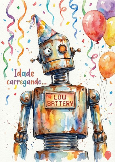 Um robô em aquarela com chapéu de festa e balões. Confetes e fitas coloridas caem. O robô tem uma placa com «LOW BATTERY». Sobre o robô lê-se «Idade carregando...».