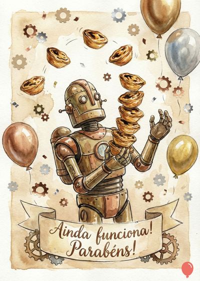 Um robô em tons de marrom equilibra pastéis de nata, com balões dourados, cinzas e marrons. Confetes e engrenagens decoram o cenário. Uma faixa com a frase «Ainda funciona! Parabéns!» completa a composição. Pintura em aquarela.