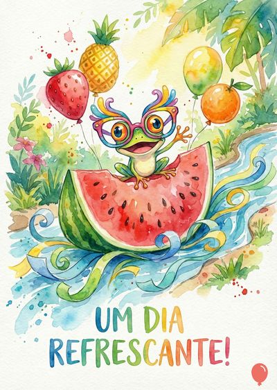 Um sapo com óculos coloridos em cima de uma fatia de melancia, com balões de morango, abacaxi e laranja. Um rio com fitas e plantas. A frase «UM DIA REFRESCANTE!».