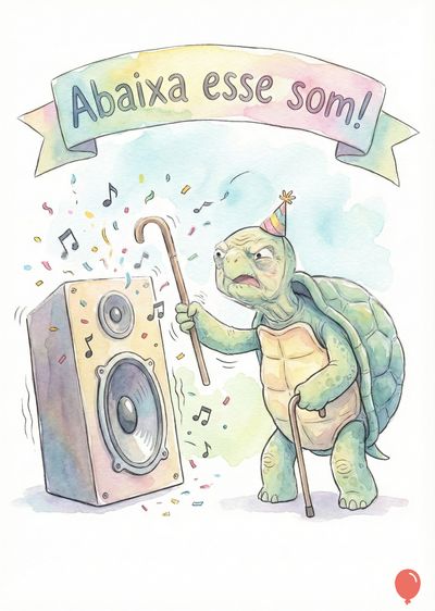 Tartaruga com chapéu de festa e bengala, furiosa com uma caixa de som. Acima, uma faixa com a frase «Abaixa esse som!». Confetes e notas musicais flutuam. Estilo aquarela.