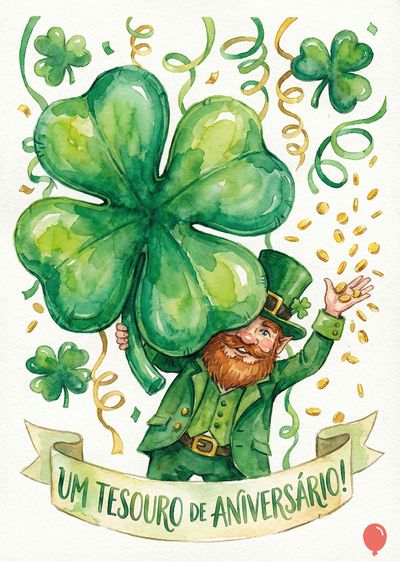 Pintura em aquarela de um duende barbudo com trevo gigante, distribuindo moedas de ouro. Acompanham fitas douradas e trevos menores.  Faixa com «UM TESOURO DE ANIVERSÁRIO!».
